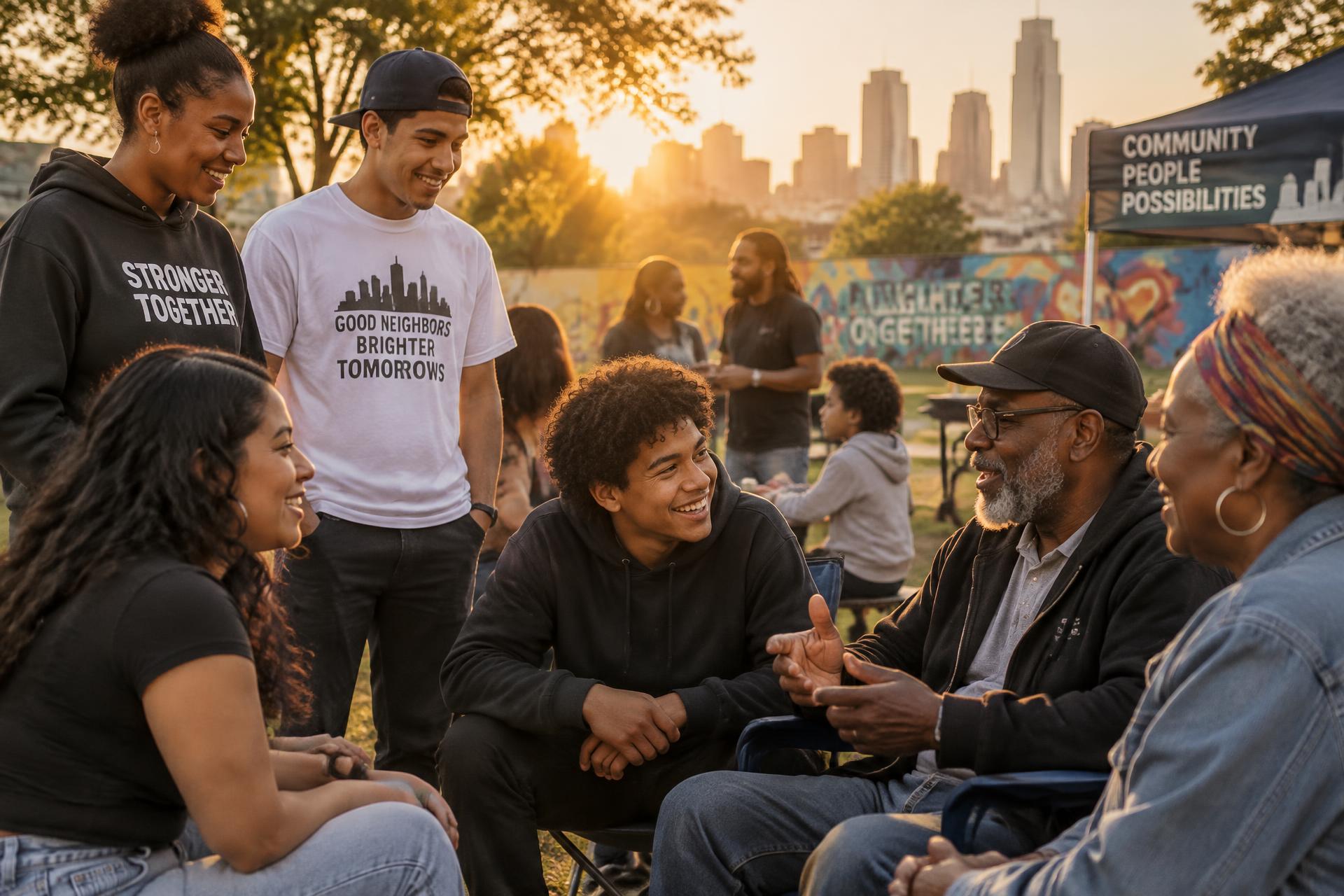 Neighbors of all ages talking and laughing together at a community gathering in the park